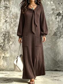 Balvessa Autumn/Winter Casual Home Brown Textured Fabric Neckline Tie Decor Ruched Lantern Long Sleeve Loose Fit Women Dress - Multicolor - View 5