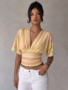 Aloruh Women's Deep V-Neck Striped Colorblock Casual Versatile Daily Wear T-Shirt - Multicolor - View 7
