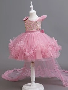 SHEIN Glamorique Kids 女童公主洋裝，蝴蝶結裝飾，薄紗網紗蓬蓬裙，生日、派對、活動穿搭，幼兒小公主洋裝，聖誕派對洋裝，適合度假，秋冬穿著 - 粉色 - 查看 7