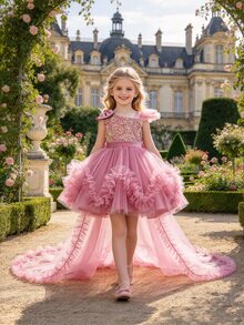 SHEIN Glamorique Kids 女童公主洋裝，蝴蝶結裝飾，薄紗網紗蓬蓬裙，生日、派對、活動穿搭，幼兒小公主洋裝，聖誕派對洋裝，適合度假，秋冬穿著 - 粉色 - 查看 5