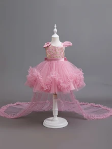 SHEIN Glamorique Kids 女童公主洋裝，蝴蝶結裝飾，薄紗網紗蓬蓬裙，生日、派對、活動穿搭，幼兒小公主洋裝，聖誕派對洋裝，適合度假，秋冬穿著 - 粉色 - 查看 6
