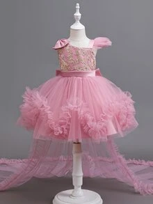 SHEIN Glamorique Kids 女童公主洋裝，蝴蝶結裝飾，薄紗網紗蓬蓬裙，生日、派對、活動穿搭，幼兒小公主洋裝，聖誕派對洋裝，適合度假，秋冬穿著 - 粉色 - 查看 4