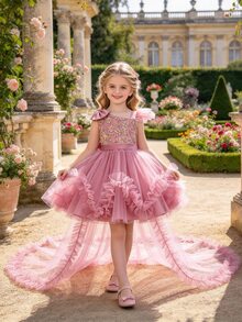 SHEIN Glamorique Kids 女童公主洋裝，蝴蝶結裝飾，薄紗網紗蓬蓬裙，生日、派對、活動穿搭，幼兒小公主洋裝，聖誕派對洋裝，適合度假，秋冬穿著 - 粉色 - 查看 2