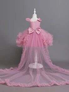SHEIN Glamorique Kids 女童公主洋裝，蝴蝶結裝飾，薄紗網紗蓬蓬裙，生日、派對、活動穿搭，幼兒小公主洋裝，聖誕派對洋裝，適合度假，秋冬穿著 - 粉色 - 查看 3