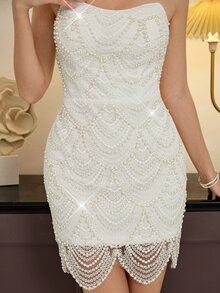 Poshira Women Winter Mini Strapless Backless Pearl Design Party Wedding Prom Night Dress,Suitable For Wedding,Cocktail Gatherings White Elegant - White - View 7