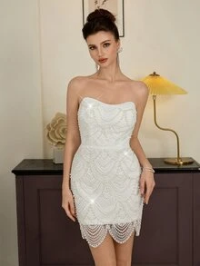 Poshira Women Winter Mini Strapless Backless Pearl Design Party Wedding Prom Night Dress,Suitable For Wedding,Cocktail Gatherings White Elegant - White - View 2