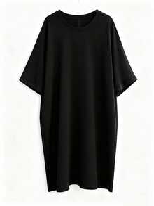 SHEIN LUNE Women's Solid Color Round Neck Batwing Sleeve Dress - Black - View 3