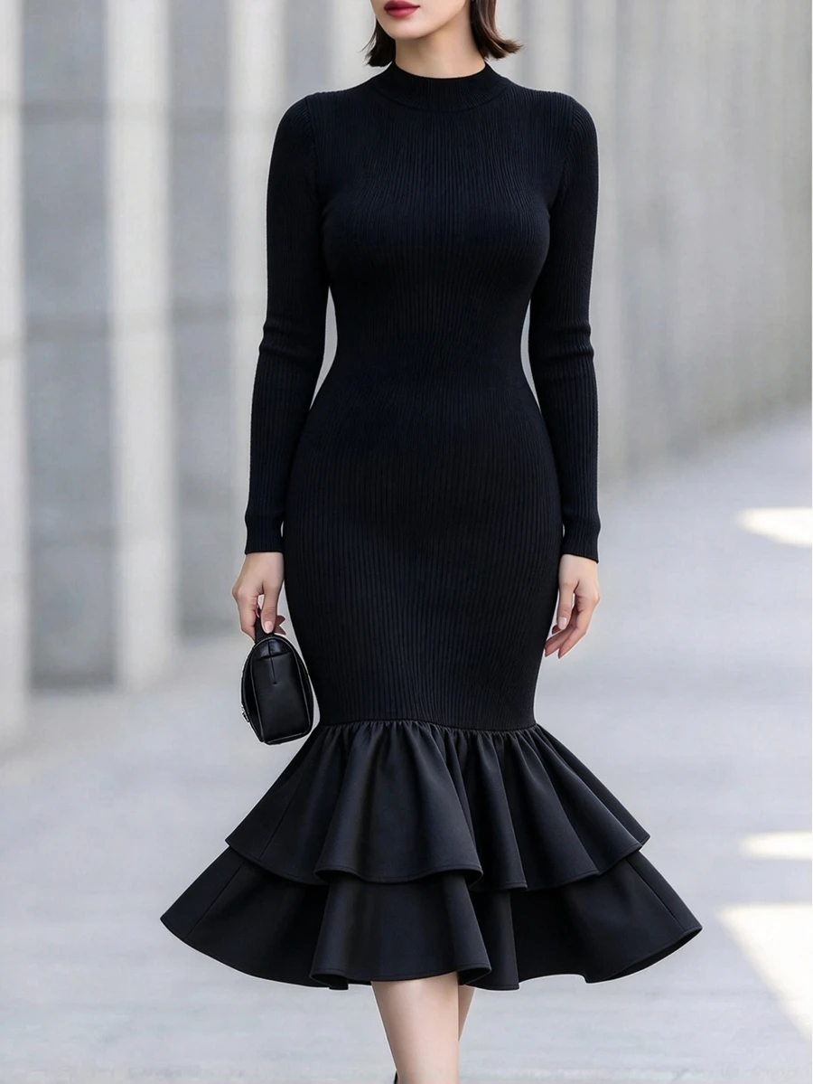 Allurite Autumn/Winter Elegant Party Evening Formal Wedding Guest Black Bodycon Mermaid Knit Double Layer Woven Fabric Patchwork Plus Size Dress - Black - View 1