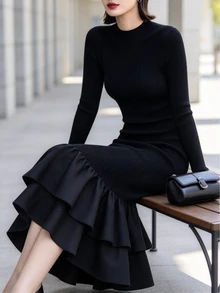 Allurite Autumn/Winter Elegant Party Evening Formal Wedding Guest Black Bodycon Mermaid Knit Double Layer Woven Fabric Patchwork Plus Size Dress - Black - View 5