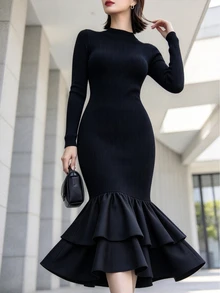 Allurite Autumn/Winter Elegant Party Evening Formal Wedding Guest Black Bodycon Mermaid Knit Double Layer Woven Fabric Patchwork Plus Size Dress - Black - View 4