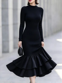 Allurite Autumn/Winter Elegant Party Evening Formal Wedding Guest Black Bodycon Mermaid Knit Double Layer Woven Fabric Patchwork Plus Size Dress - Black - View 6