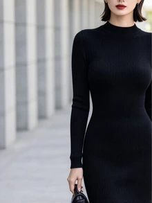 Allurite Autumn/Winter Elegant Party Evening Formal Wedding Guest Black Bodycon Mermaid Knit Double Layer Woven Fabric Patchwork Plus Size Dress - Black - View 7