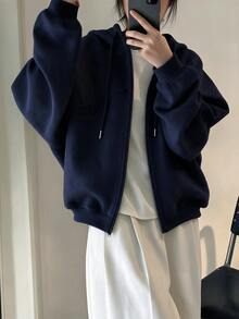 INAWLY 女款韓式時尚拉鍊連帽長袖運動衫 - 藏蓝色 - 查看 4