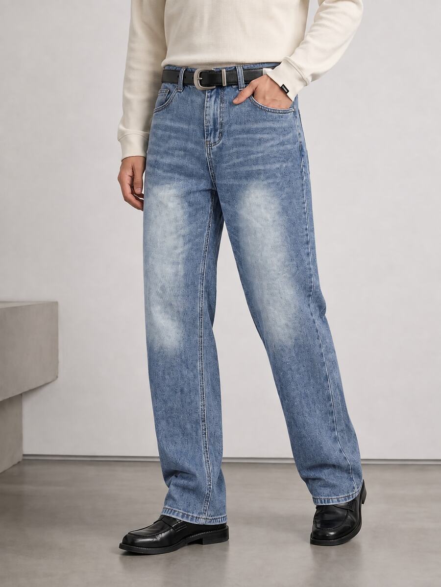 RivetRise Men's New Autumn Light Wash Blue Denim Loose Wide Leg Long Pants - Light Wash - View 1