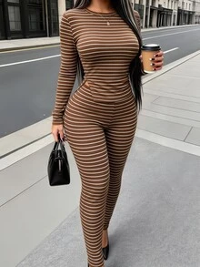Rovax Women's Casual Striped Long Sleeve Split Hem T-Shirt And Pants 2 Pieces Set - Multicolor - View 3