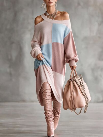 Omancia Elegant Asymmetrical Shoulder Lantern Sleeve Design Women's Sweater Dress