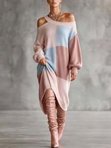 Omancia Gaun Sweater Wanita dengan Desain Lengan Lentera dan Bahu Asimetris yang Elegan - MultiWarna - View 3