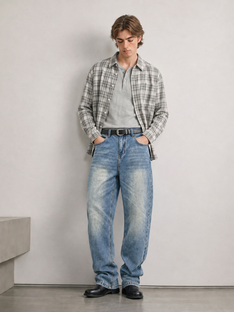 RivetRise Men's Vintage Retro Washed Blue Denim Jeans Casual Loose Wide Leg Long Pants - Light Wash - View 4