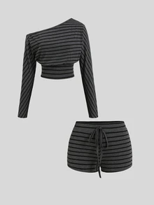 Sweetra Women's Streetwear Casual Dark Grey Plaid Cinched Waist Asymmetrical Neck Top And Tie-Front Shorts Set Everyday Travel Fall Y2K Subculture - Dark Grey - View 2
