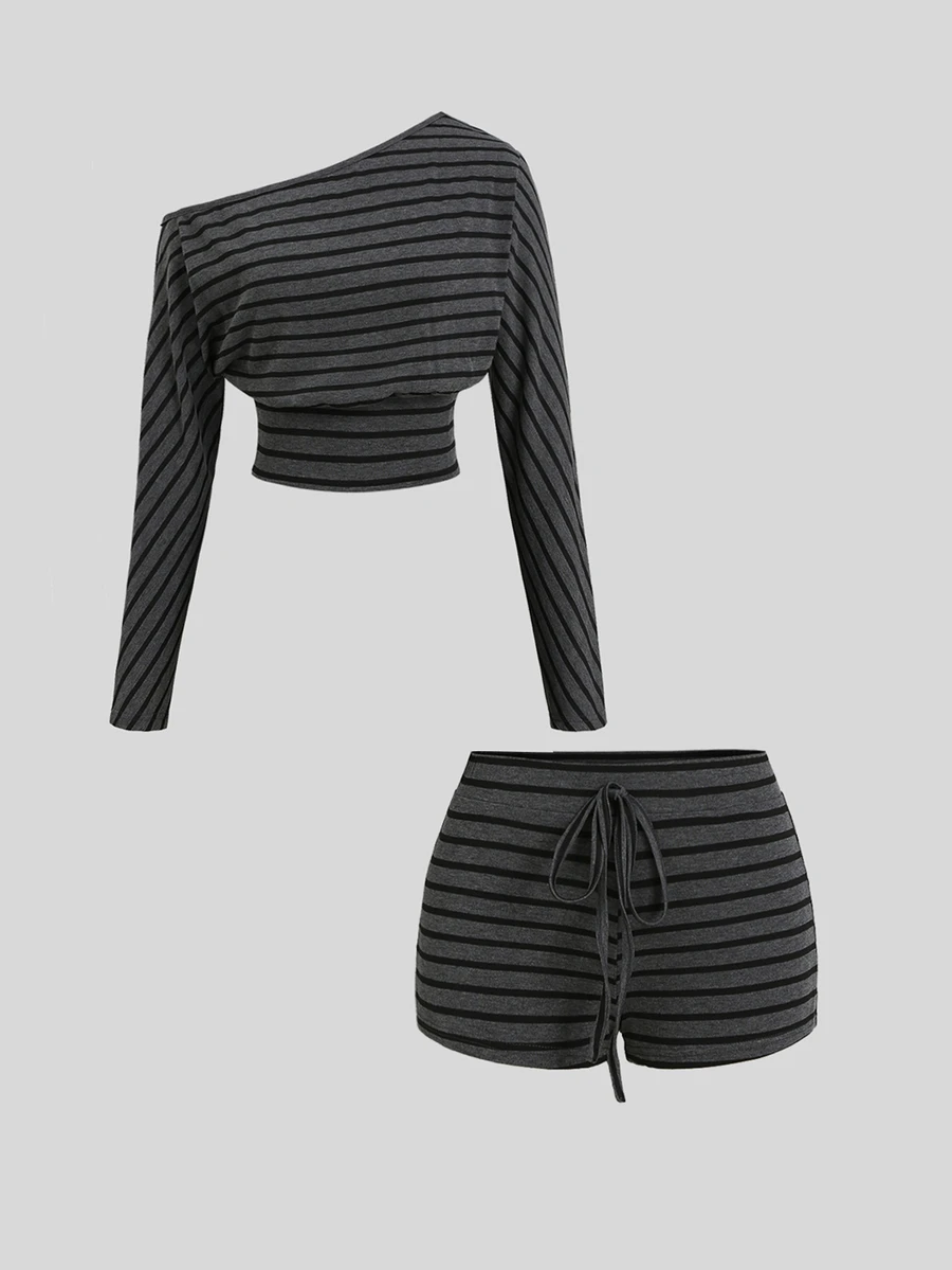Sweetra Women's Streetwear Casual Dark Grey Plaid Cinched Waist Asymmetrical Neck Top And Tie-Front Shorts Set Everyday Travel Fall Y2K Subculture