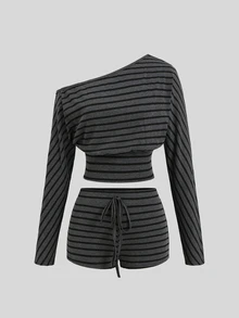 Sweetra Women's Streetwear Casual Dark Grey Plaid Cinched Waist Asymmetrical Neck Top And Tie-Front Shorts Set Everyday Travel Fall Y2K Subculture - Dark Grey - View 4