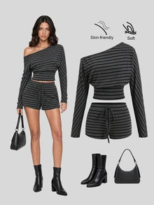 Sweetra Women's Streetwear Casual Dark Grey Plaid Cinched Waist Asymmetrical Neck Top And Tie-Front Shorts Set Everyday Travel Fall Y2K Subculture - Dark Grey - View 9