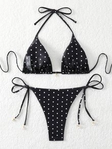SHEIN Swim Beach Women's Random Polka Dot Two Piece Set Print Side Tie Bikini Set ;Date Sexy Vacation Beach Swimwear ,Summer/Fall - Black and White - View 3