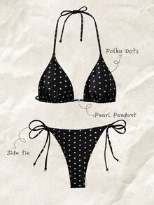 SHEIN Swim Beach Women's Random Polka Dot Two Piece Set Print Side Tie Bikini Set ;Date Sexy Vacation Beach Swimwear ,Summer/Fall - Black and White - View 8