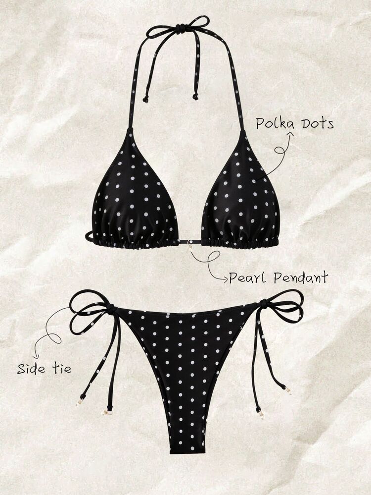 SHEIN Swim Beach Women's Random Polka Dot Two Piece Set Print Side Tie Bikini Set ;Date Sexy Vacation Beach Swimwear ,Summer/Fall - Black and White - View 7