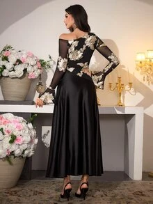 Modelyn 女士秋季棕色性感斜领网纱刺绣长袖高腰A字连衣裙 - 黑色 - 查看 2