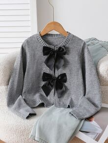 SHEIN Explorewe Fashionable Handmade Bow Knitted Cardigan, Grey Autumn Cute Back-To-School Long Sleeve Tween Girl Sweater Jacket School Button Clothes - Light Grey - View 3
