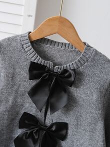 SHEIN Explorewe Fashionable Handmade Bow Knitted Cardigan, Grey Autumn Cute Back-To-School Long Sleeve Tween Girl Sweater Jacket School Button Clothes - Light Grey - View 5