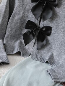 SHEIN Explorewe Fashionable Handmade Bow Knitted Cardigan, Grey Autumn Cute Back-To-School Long Sleeve Tween Girl Sweater Jacket School Button Clothes - Light Grey - View 9