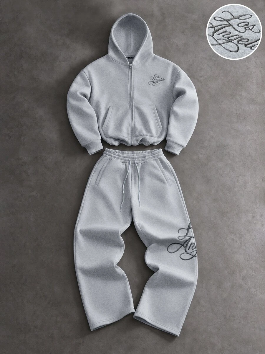 Manfinity Roghcode Men's Letter Embroidered Long Sleeve Hoodie And Sweatpants Set - Light Grey - View 1