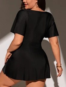 SHEIN Swim Curve Plus Size Summer Solid Color Swim Dress With Sweetheart Neckline, Knotted Hem,Summer Beach - Black - View 3