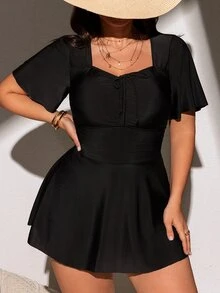 SHEIN Swim Curve Plus Size Summer Solid Color Swim Dress With Sweetheart Neckline, Knotted Hem,Summer Beach - Black - View 4