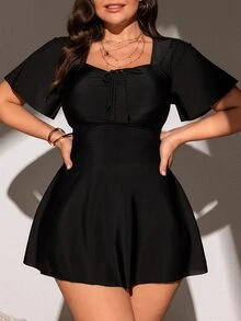 SHEIN Swim Curve Plus Size Summer Solid Color Swim Dress With Sweetheart Neckline, Knotted Hem,Summer Beach - Black - View 8