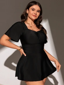 SHEIN Swim Curve Plus Size Summer Solid Color Swim Dress With Sweetheart Neckline, Knotted Hem,Summer Beach - Black - View 6