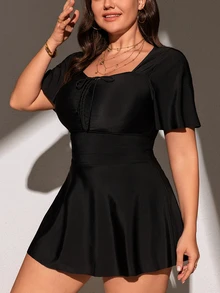 SHEIN Swim Curve Plus Size Summer Solid Color Swim Dress With Sweetheart Neckline, Knotted Hem,Summer Beach - Black - View 7