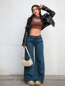 Jeanoix Plus Size Women Y2K Fashion Distressed Wide Leg Loose Fit Jeans - Dark Wash - View 7