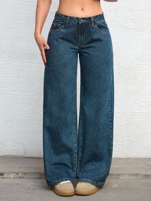 Jeanoix Plus Size Women Y2K Fashion Distressed Wide Leg Loose Fit Jeans - Dark Wash - View 1
