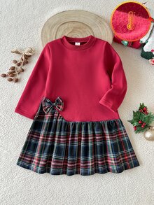 SHEIN 1pc Young Girls Fleece Sweatshirt Dress, Burgundy Solid Color With Plaid Pattern, Round Neck Long Sleeve, Bow Decor, Cute & Fashionable, Versatile For Spring/Autumn Daily Wear, School, Christmas And Other Occasions - Burgundy - View 4