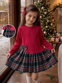 SHEIN 1pc Young Girls Fleece Sweatshirt Dress, Burgundy Solid Color With Plaid Pattern, Round Neck Long Sleeve, Bow Decor, Cute & Fashionable, Versatile For Spring/Autumn Daily Wear, School, Christmas And Other Occasions - Burgundy - View 1