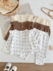 SHEIN 3pcs Baby Girls Top + Pants Set Sweet Brown White Heart Polka Dot Ruffle Long Sleeve Round Neck Regular Birthday Party Fall White Top Holiday Muslin - Multicolor - View 2