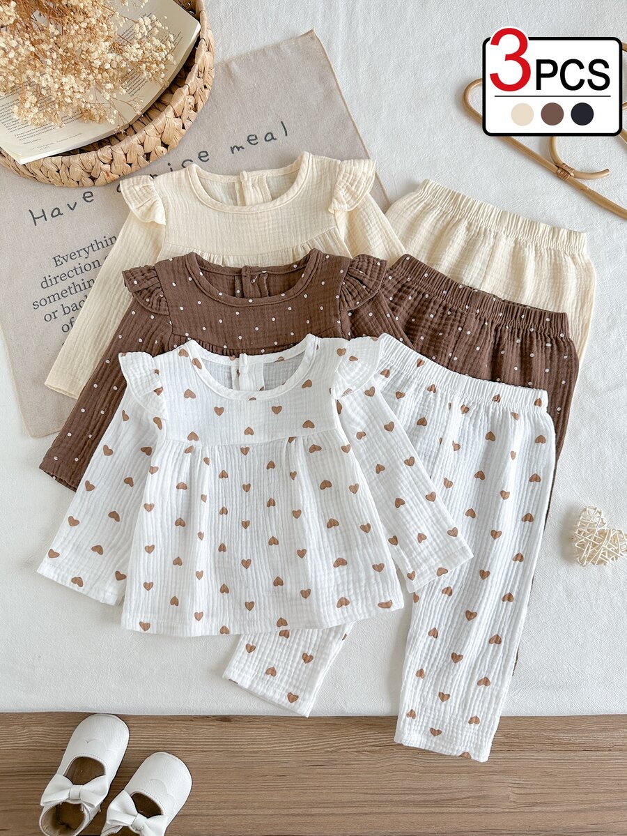 SHEIN 3pcs Baby Girls Top + Pants Set Sweet Brown White Heart Polka Dot Ruffle Long Sleeve Round Neck Regular Birthday Party Fall White Top Holiday Muslin - Multicolor - View 1