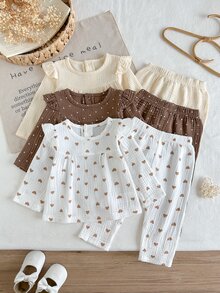 SHEIN 3pcs Baby Girls Top + Pants Set Sweet Brown White Heart Polka Dot Ruffle Long Sleeve Round Neck Regular Birthday Party Fall White Top Holiday Muslin - Multicolor - View 3