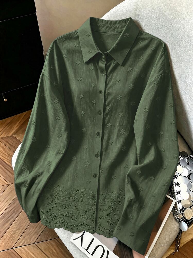 Franclia Fashionable All-Season Casual Versatile Solid Color Embroidered Traceable Pure Cotton Loose Fit Women's Shirt Office Shades Of Green Autumn - Army Green - View 3