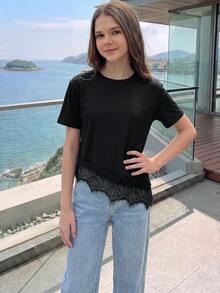 SHEIN Sparklyn 青少年女孩休閒純色蕾絲拼接短袖T恤，夏季，穿搭，舒適，日常，極簡，度假 - 黑色 - 查看 4