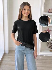 SHEIN Sparklyn 青少年女孩休閒純色蕾絲拼接短袖T恤，夏季，穿搭，舒適，日常，極簡，度假 - 黑色 - 查看 1