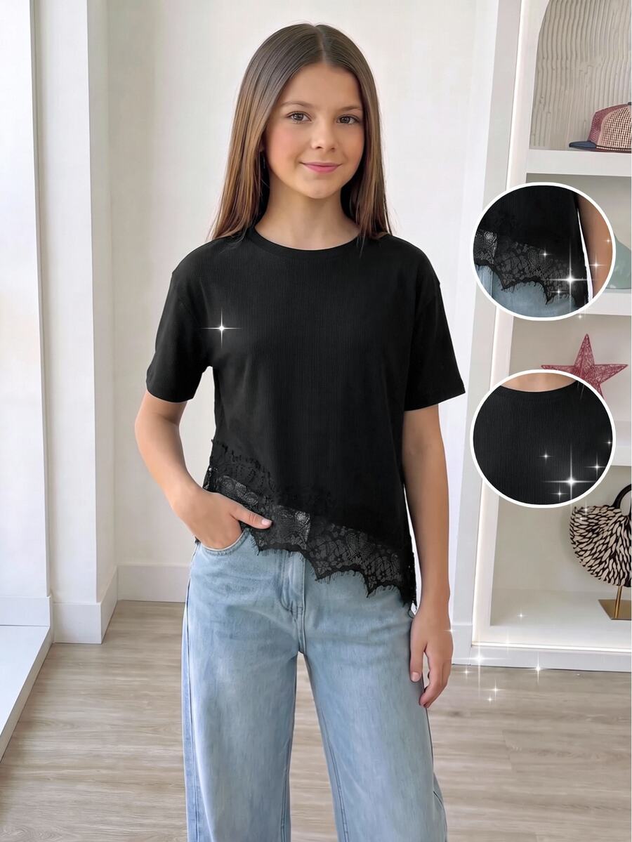 SHEIN Sparklyn 青少年女孩休閒純色蕾絲拼接短袖T恤,夏季,穿搭,舒適,日常,極簡,度假 - 黑色 - 查看 1